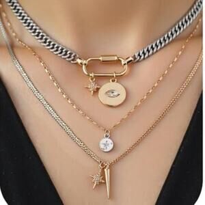 Layered Gold and Silver Charm Necklace Set - Elegant Multi-Row Necklace